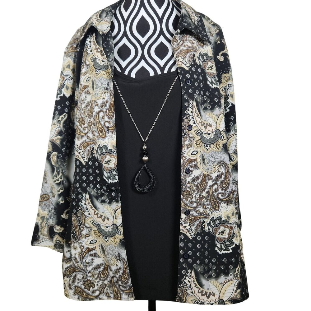 Notations Paisley Print Black/Beige Button-Up Blouse Sz L w Necklace